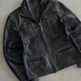 Vintage Faded Black Leather Jacket with Contrast Stitching