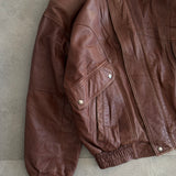 Vintage 90s Brown Leather Bomber Jacket with Snap Flap Pockets