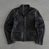 Vintage Faded Black Leather Jacket with Contrast Stitching