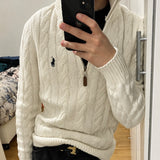 White Cable-Knit Quarter Zipper
