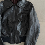 Vintage 70s Black Leather Cropped Bomber Jacket with Round Collar (Women's)