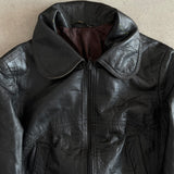 Vintage 70s Black Leather Cropped Bomber Jacket with Round Collar (Women's)