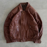Vintage 90s Brown Leather Bomber Jacket with Snap Flap Pockets