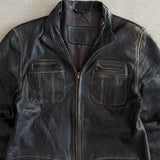 Vintage Faded Black Leather Jacket with Contrast Stitching