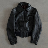 Vintage 70s Black Leather Cropped Bomber Jacket with Round Collar (Women's)