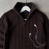 Brown Cable-Knit Quarter Zipper