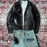 Vintage Faded Black Leather Jacket with Contrast Stitching