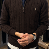 Brown Cable-Knit Quarter Zipper
